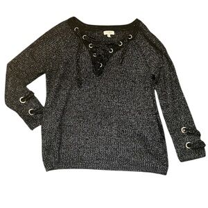 Umgee Lace Up Criss Cross Black and White Lace-Up Knit Sweater Large
